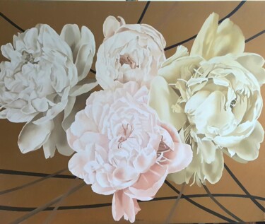 Painting titled "GOLD PEONIES" by Luigi Maria De Rubeis, Original Artwork, Oil