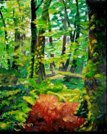Painting titled "Mossy Woods" by Juliette Shen, Original Artwork, Oil