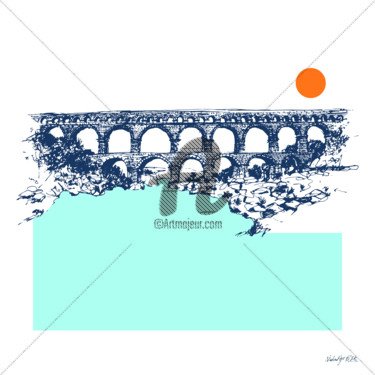 Σχέδιο με τίτλο "Pont du Gard" από Studio Figi, Αυθεντικά έργα τέχνης, Γέλη στυλό