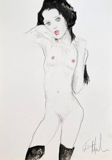 Картина под названием "Girl with Black Hai…" - Fiona Maclean, Подлинное произведение искусства, Гуашь