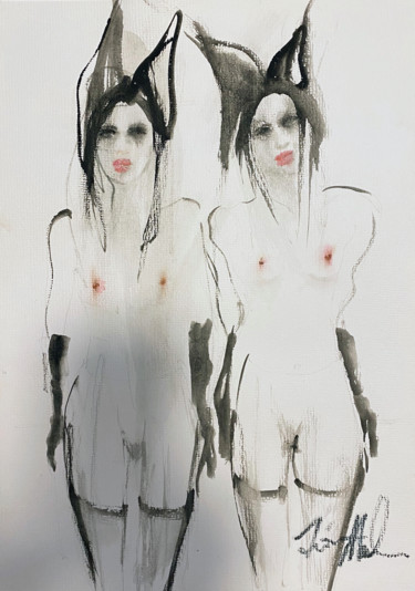 Schilderij getiteld "The It Girls" door Fiona Maclean, Origineel Kunstwerk, Aquarel