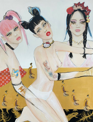 "Trois beautés chino…" başlıklı Tablo Fiona Maclean tarafından, Orijinal sanat, Petrol