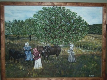 Schilderij getiteld "In the apple orchard" door Frieda Linke, Origineel Kunstwerk