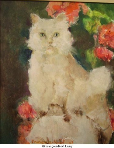 Peinture intitulée "Le chat à la rose" par François Lamy, Œuvre d'art originale