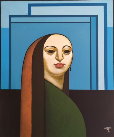 Painting titled "Femme au bijou" by Flavien Couche, Original Artwork, Acrylic Mounted on Wood Stretcher frame