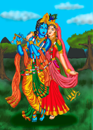 Peinture intitulée "Krishna e Radha no…" par Flavio Ferreira Hespanhol, Œuvre d'art originale, Crayon