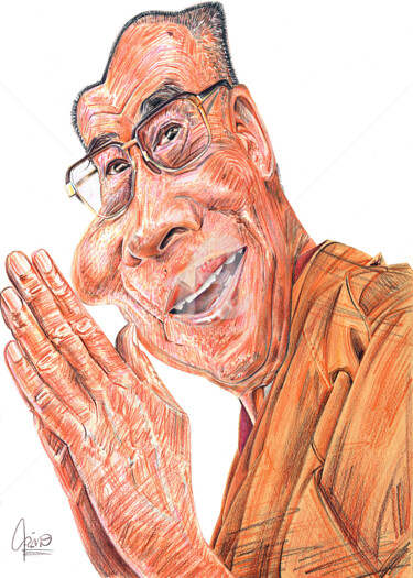 Tekening getiteld "Dalai Lama" door Flávio Miranda, Origineel Kunstwerk, Potlood