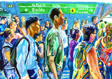 Pintura titulada "Yellow Line 4 Conne…" por Flávio Miranda, Obra de arte original, Gouache