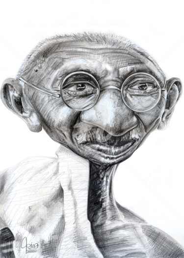 Zeichnungen mit dem Titel "Gandhi" von Flávio Miranda, Original-Kunstwerk, Graphit