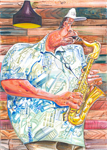 Pittura intitolato "Saxophonist" da Flávio Miranda, Opera d'arte originale, Gouache