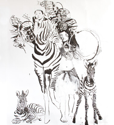 Dibujo titulada "Zebra Girl and Child" por Fleur Elise Noble, Obra de arte original, Tinta