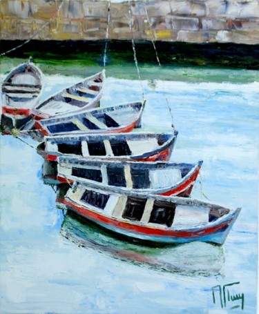 Peinture intitulée "Barques au Maroc" par Alain Fleury, Œuvre d'art originale, Huile