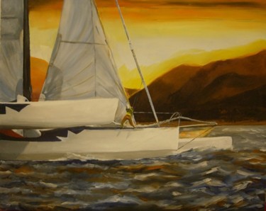 Peinture intitulée "Trimaran à l'arrivé…" par Alain Fleury, Œuvre d'art originale