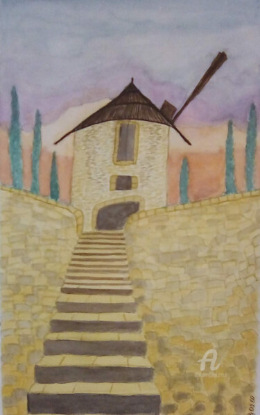 Schilderij getiteld "le moulin" door Fbscnv, Origineel Kunstwerk, Aquarel