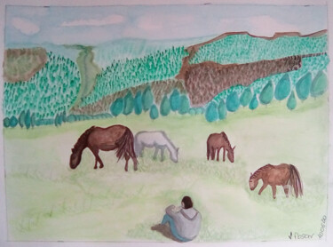 Painting titled "Les chevaux" by Fbscnv, Original Artwork, Watercolor