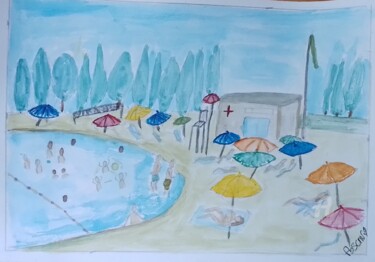 Desenho intitulada "la plage" por Fbscnv, Obras de arte originais, Aquarela