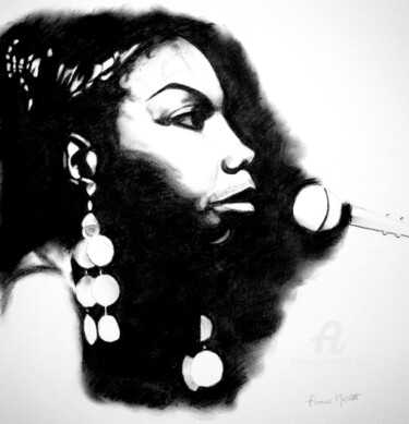 Рисунок под названием "Portrait Nina Simone" - Florence Mignot, Подлинное произведение искусства, Древесный уголь