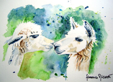 Pintura titulada "Lamas aquarelle" por Florence Mignot, Obra de arte original, Acuarela