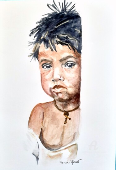 Pittura intitolato "Portrait d'enfant a…" da Florence Mignot, Opera d'arte originale, Acquarello