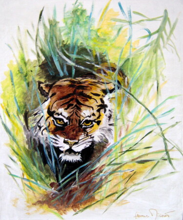 Painting titled "Tigre dans les herb…" by Florence Mignot, Original Artwork, Acrylic Mounted on Wood Stretcher frame
