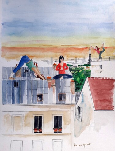 Malerei mit dem Titel "Yoga sur les toits" von Florence Mignot, Original-Kunstwerk, Aquarell