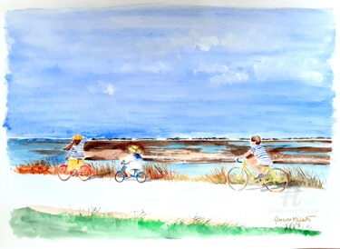 Картина под названием "Ile de Ré en vélo" - Florence Mignot, Подлинное произведение искусства, Акварель