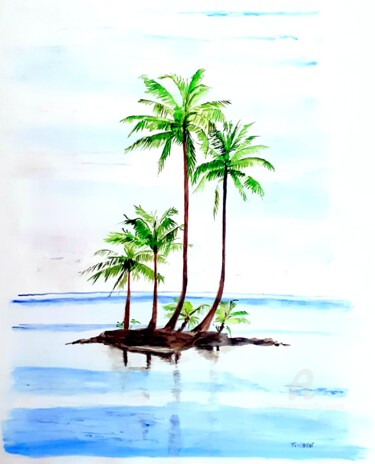 Peinture intitulée "Iles aux palmiers" par Florence Mignot, Œuvre d'art originale, Aquarelle