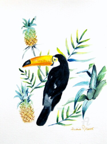 Malerei mit dem Titel "Oiseau tropique tou…" von Florence Mignot, Original-Kunstwerk, Aquarell