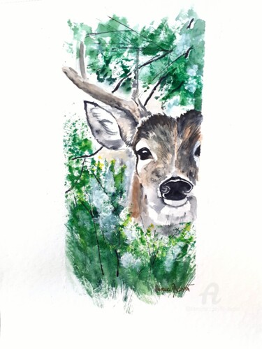 Pintura intitulada "Cerf dans les feuil…" por Florence Mignot, Obras de arte originais, Aquarela