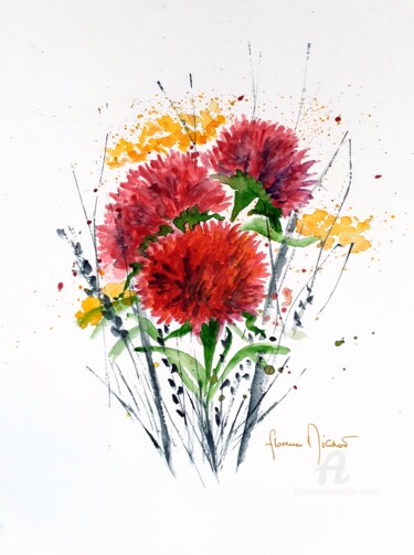 Pintura intitulada "Fleurs dahlia" por Florence Mignot, Obras de arte originais, Aquarela