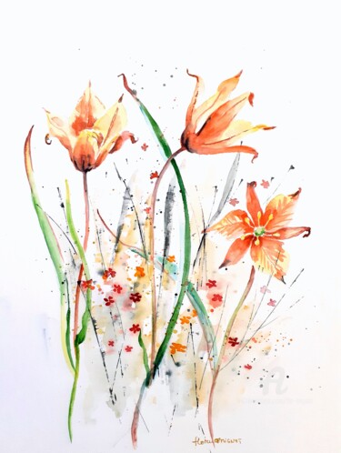 Painting titled "Tulipes sauvages" by Florence Mignot, Original Artwork, Watercolor