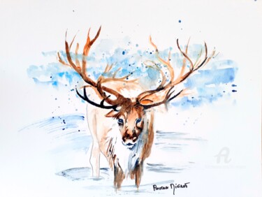 Malerei mit dem Titel "Cerf sous la neige" von Florence Mignot, Original-Kunstwerk, Aquarell