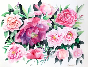 Картина под названием "Roses" - Florence Mignot, Подлинное произведение искусства, Акварель