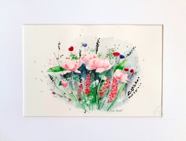 Картина под названием "Roses et végétaux" - Florence Mignot, Подлинное произведение искусства, Акварель