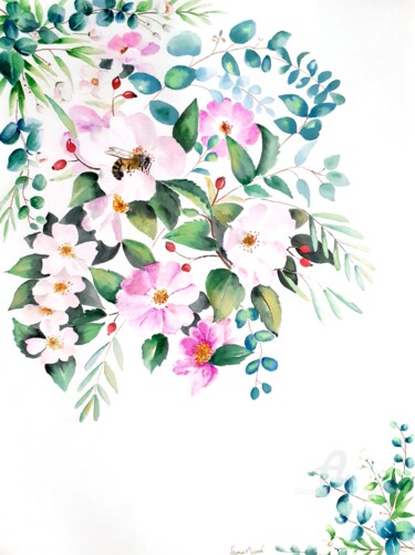 Peinture intitulée "Fleur églantines et…" par Florence Mignot, Œuvre d'art originale, Aquarelle