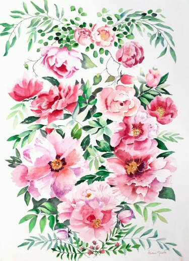 Painting titled "Roses et Pivoines" by Florence Mignot, Original Artwork, Watercolor