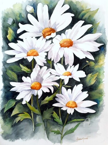 Painting titled "Fleurs Marguerites" by Florence Mignot, Original Artwork, Watercolor