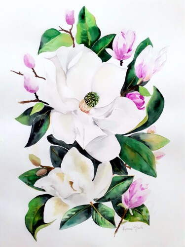 Painting titled "Magnolia" by Florence Mignot, Original Artwork, Watercolor