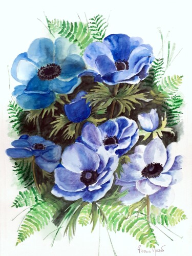 Painting titled "Anémones bleues" by Florence Mignot, Original Artwork, Watercolor