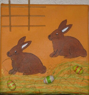 Painting titled "LAPINS CHASSEURS D'…" by Flora I., Original Artwork