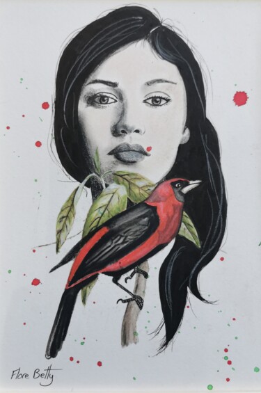 Картина под названием "Portrait à l'oiseau" - Flore Betty, Подлинное произведение искусства, Акварель Установлен на плексигл…