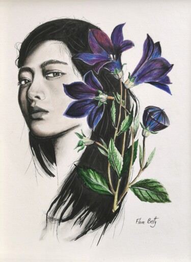 Schilderij getiteld "Portrait aux fleurs…" door Flore Betty, Origineel Kunstwerk, Aquarel Gemonteerd op Plexiglas