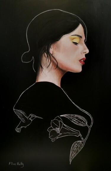 Painting titled "Femme au colibri" by Flore Betty, Original Artwork, Acrylic
