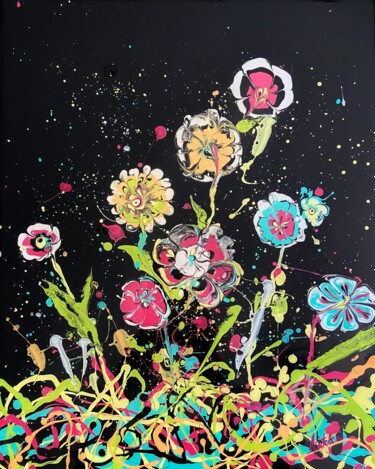 Painting titled "POP FLOWERS" by Florence Autelin, Original Artwork, Acrylic Mounted on Wood Stretcher frame