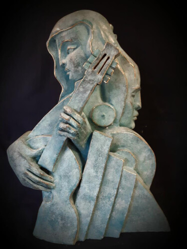 Sculpture intitulée "La Femme à la guita…" par Florence Combescure (Mariko), Œuvre d'art originale, Bronze