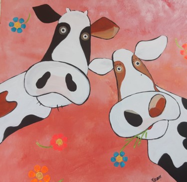 Peinture intitulée "what ? Cows ?" par Florence De Jonghe, Œuvre d'art originale, Acrylique Monté sur artwork_cat.