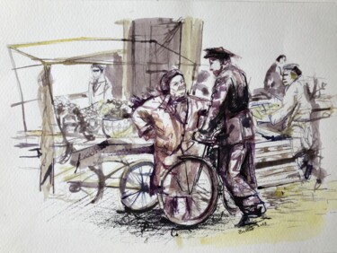 Peinture intitulée "Le marché" par Florence Gillot, Œuvre d'art originale, Encre