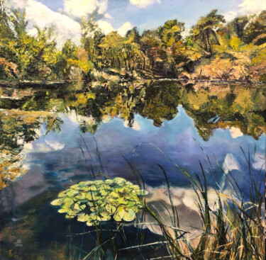 Peinture intitulée "Un jour, un lac dan…" par Florence Gillot, Œuvre d'art originale, Huile Monté sur Châssis en bois