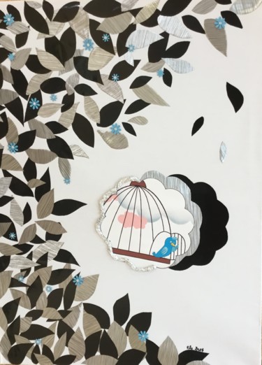 Collages intitulée "oiseau bleu en cage…" par Flo, Œuvre d'art originale, Collages