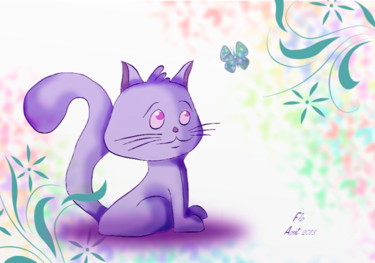 Arts numériques intitulée "Le chat et le papil…" par Flo, Œuvre d'art originale, Peinture numérique